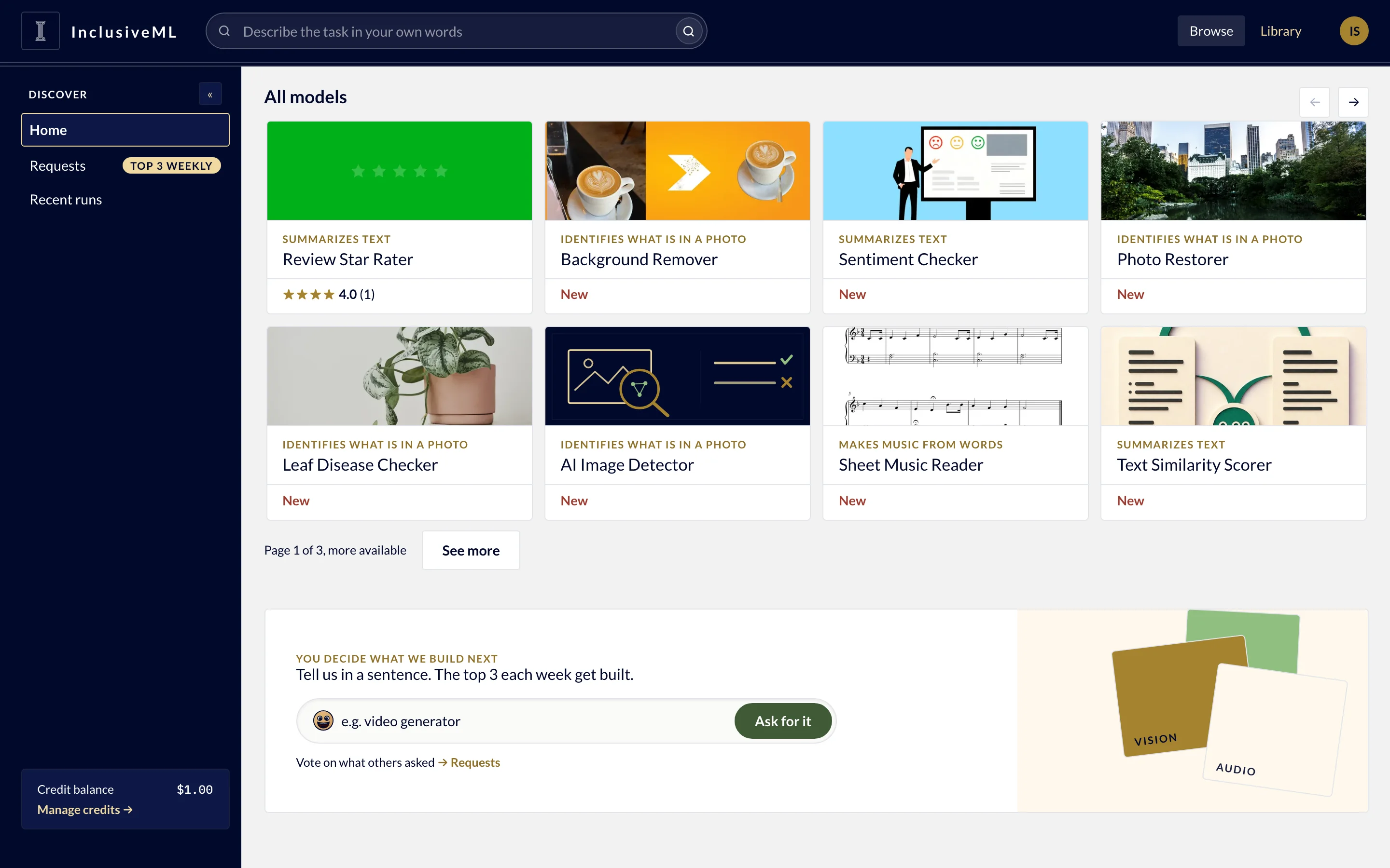 The InclusiveML home screen after signing in: the Discover sidebar and a grid of models